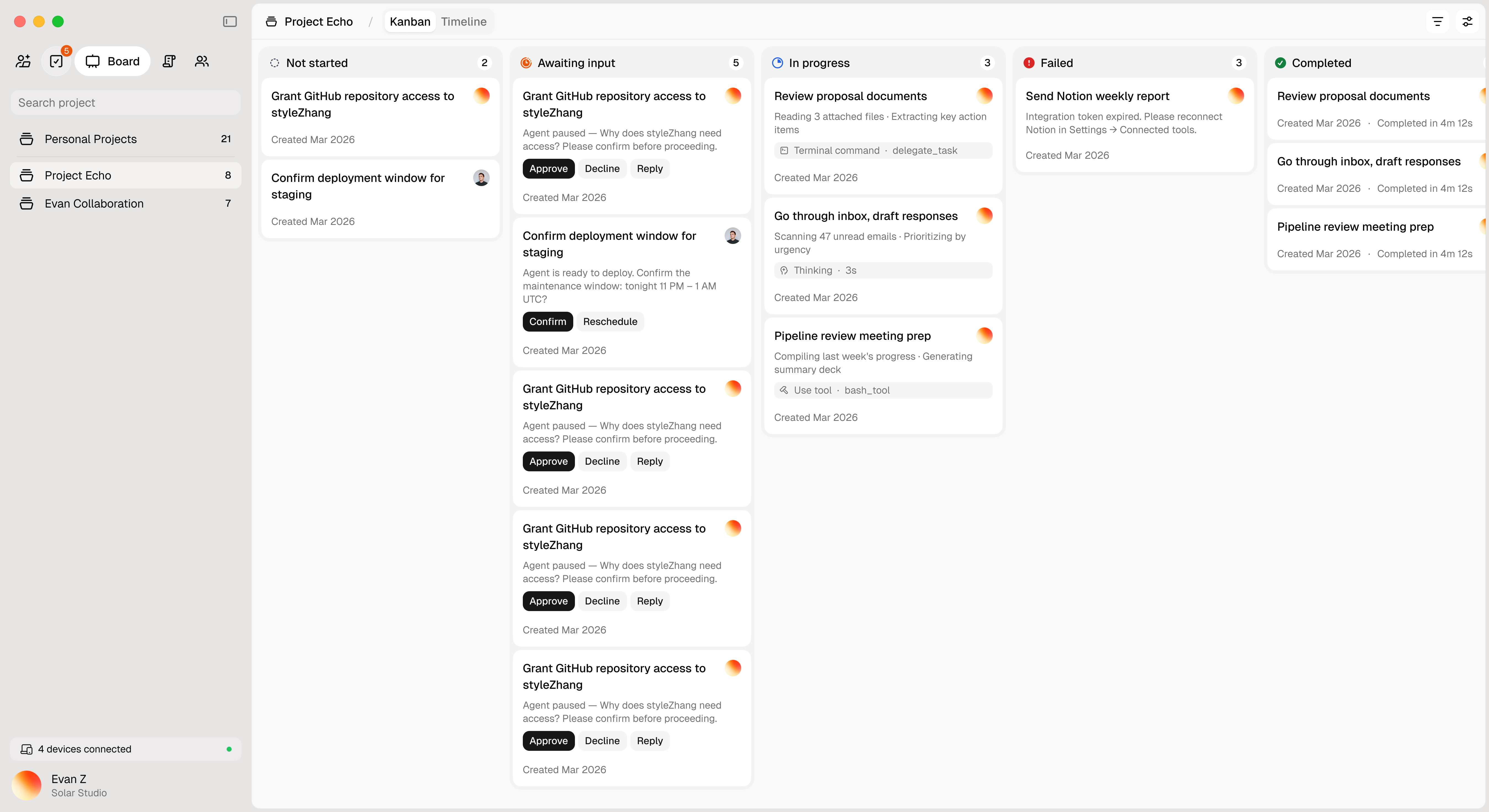 Nod task board with columns showing task status, agent activity, and approval buttons